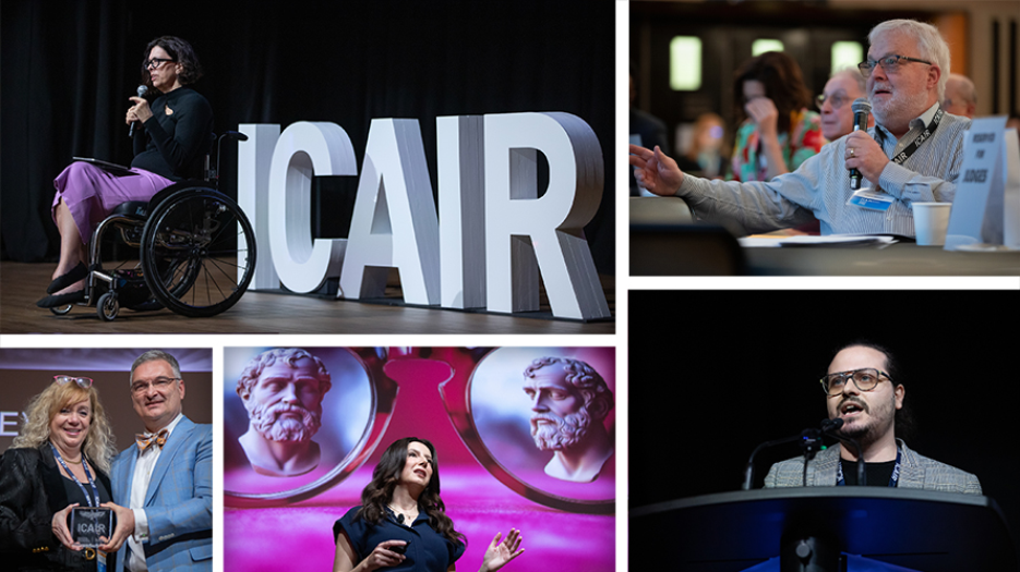 Collage of conference pictures including speakers on stage in a wheelchair, attendees, speakers at a podium, and award winners.